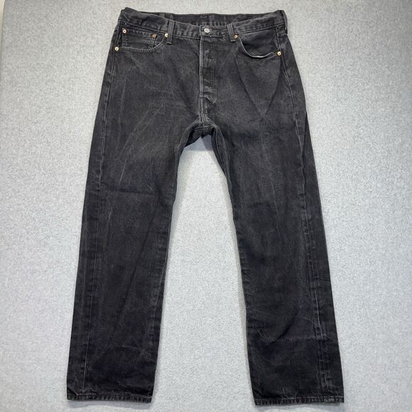Levi’s 501 Mens Jeans 38x32 Black Denim Button Fly Straight Leg Classic - Picture 1 of 14